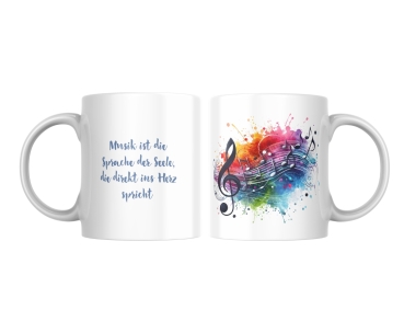 Weiße Keramik-Tasse mit zwei Designs: Auf der einen Seite ein inspirierendes Zitat „Musik ist die Sprache der Seele, die direkt ins Herz spricht“, auf der anderen Seite ein farbenfrohes Motiv mit Musiknoten. Perfekt für Musikliebhaber und als einzigartige